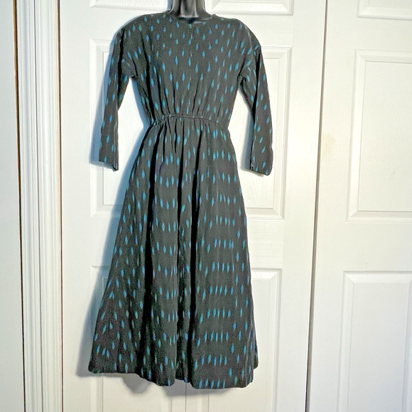 Vintage 90s Las Manos Handwoven Dress Women Small Black Teal Cotton Modest Midi - Picture 1 of 12